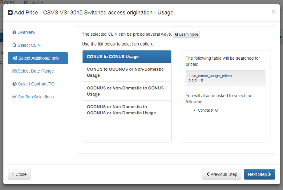 Add Price Dialog: Select Additional Info Tab