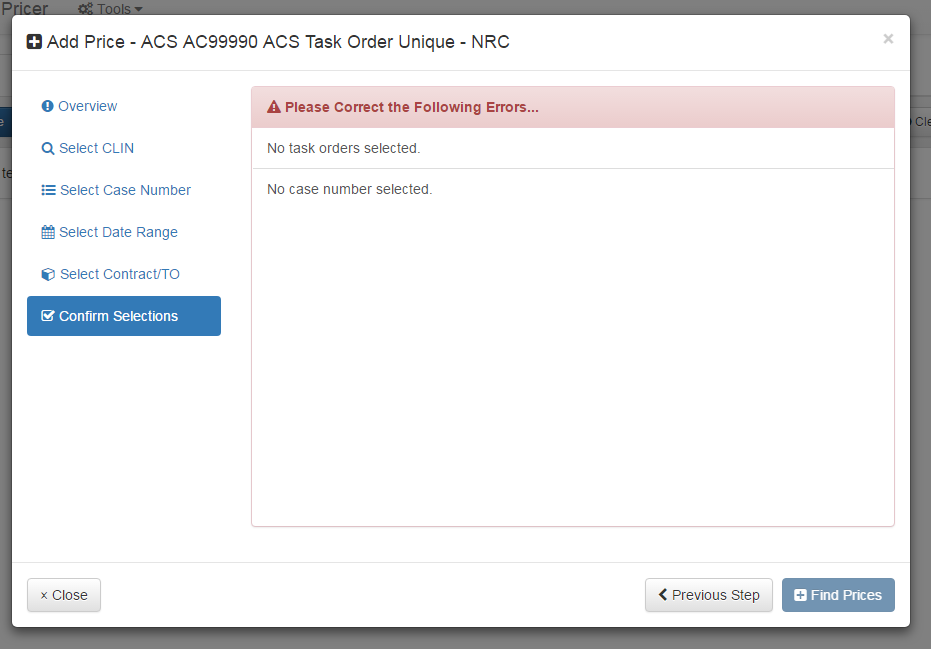 Add Price Dialog: Confirm Selections Tab: Errors Panel