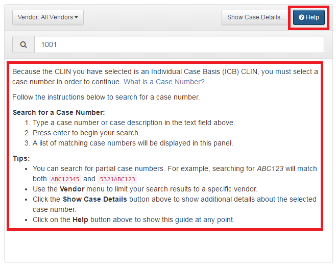 Add Price Dialog: Select Case Number Tab: Help Button