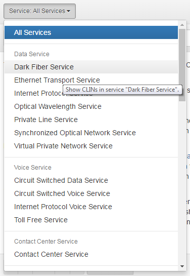Add Price Dialog: Select CLIN Tab: Service Menu