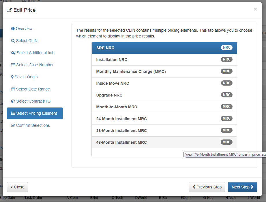 Add Price Dialog: Select Pricing Element Tab